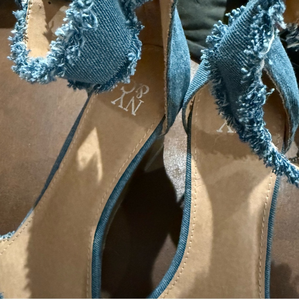 🆕 NY&Co Frayed Blue Denim Ankle-Strap Wedge Sandals - Picture 8 of 12